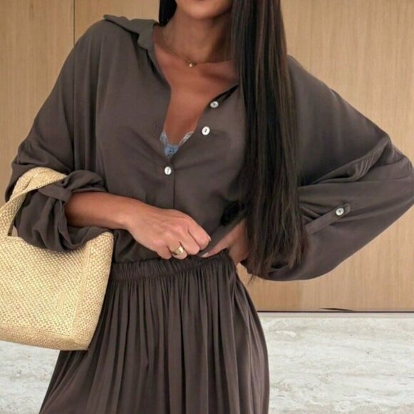 Mocha Brown Casual Women's Front Button-Up Shirt & Loose Pants Set - Picture 5 of 6